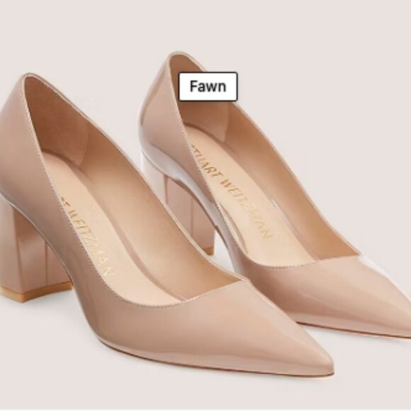 Stuart Weitzman Stuart 75 block Pump Patent leather tan pointed toe classy 5.5 - Picture 1 of 11